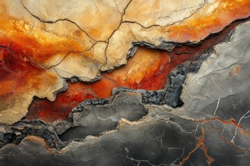 Poster - Abstract geological formation featuring cracked beige, red, and gray layers revealing interior textures and patterns, creating an intriguing visual depth.