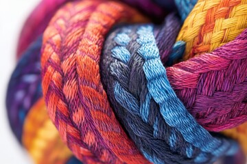 Poster - A close-up shot reveals a vibrant ball of braided, textured fabric in multiple colors, creating an abstract, tactile composition.