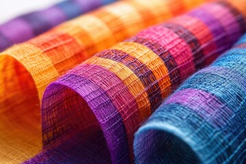 Aufkleber - Close-up of colorful, textured, patterned fabric rolls with a focus on the vibrant weave and intricate design.