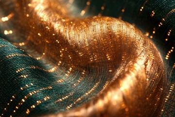 Fototapete - Abstract macro shot of shimmering, flowing fabric with a mix of deep teal and golden highlights.