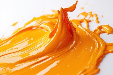 Fototapete - Vibrant orange paint splashes creating dynamic textures on a clean surface in a creative studio setting during the day