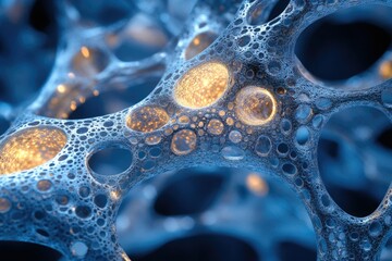 Aufkleber - A complex, intricate organic structure resembling a porous material with luminescent nodes and a cool, blue-toned palette.