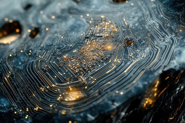 Poster - Complex digital circuit board with glowing connections and futuristic, abstract design. Technology and innovation are showcased.