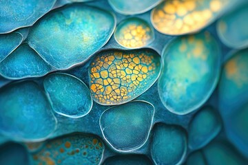 Fototapete - Abstract image featuring turquoise and gold rounded shapes resembling reptile scales, with a crackled pattern.
