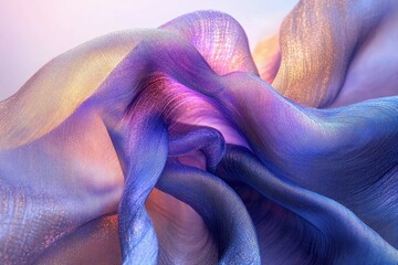 Leinwandbilder - Abstract silky fabric flowing in waves, with colors transitioning from gold to purple and blue in a soft, ethereal light.