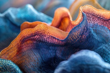 Fototapete - Abstract close-up of a textured, flowing surface with gradients of blue, orange, and pink hues creating a wave-like pattern.