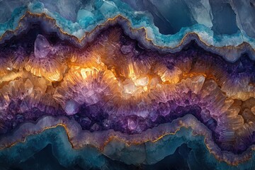 Poster - Striking geode formation with layers of teal, gold, and purple crystals, creating a visually stunning and unique textured pattern.