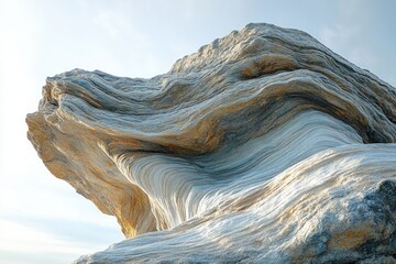 Aufkleber - A weathered rock formation shows layers and textures, standing against a pale sky, showcasing natural striations.