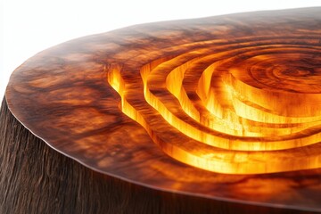 Poster - Abstract wood sculpture with layered, glowing amber details, resembling a topographic map, on a wood base.