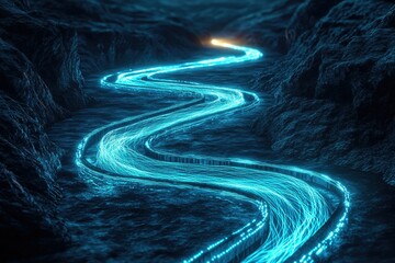 Leinwandbilder - A mesmerizing river of glowing blue light flows through a dark, rocky canyon, illuminated by a distant light source.