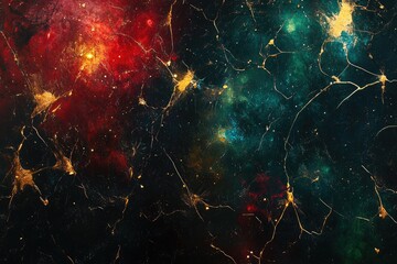 Poster - Abstract nebula background with vibrant colors of red, green, and gold, accented by delicate, crack-like gold lines.