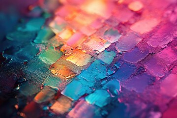 Leinwandbilder - A vibrant abstract painting featuring textured brushstrokes in various shades of blue, pink, orange and purple, creating a colorful mosaic.