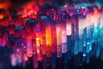 Poster - Abstract landscape of vertical colorful bars with bright lights and a bokeh effect, a vibrant and artistic composition.