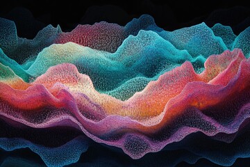 Aufkleber - Abstract landscape with layered, flowing waves in shades of teal, pink, orange, and purple against a dark backdrop, sparkling textured effect.