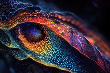Aufkleber - An abstract, textured close-up of vibrant, iridescent scales with a mesmerizing gradient of colors, ranging from blue to red.