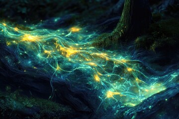 Poster - Glowing, ethereal energy flows like a river through a dark, enchanted forest floor near ancient trees.