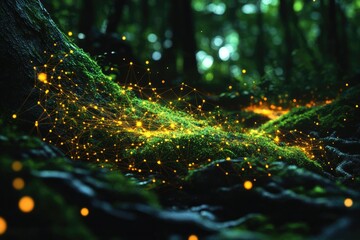 Aufkleber - Magical mossy forest floor illuminated by ethereal glowing networks, connecting the natural world in a beautiful, digital harmony.