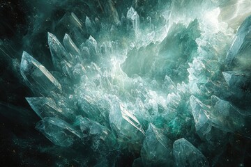 Fototapete - A dazzling display of teal crystals cluster together, radiating an ethereal glow from the center of a dark, cosmic expanse.
