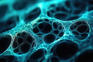 Leinwandbilder - Abstract depiction of interconnected blue glowing network with organic, cell-like structures and dark cavities within a complex system.