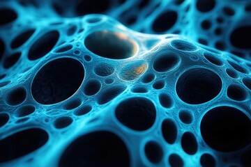 Poster - A mesmerizing close-up of a blue, porous structure with a network of interconnected holes, resembling a biological or cellular texture.