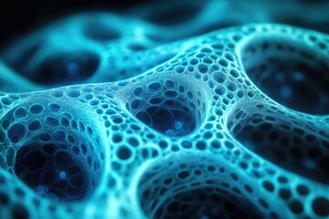 Aufkleber - Close-up view of interconnected cellular structure, resembling tissue or a sponge-like material, illuminated in vibrant blue hues.