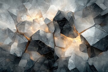Poster - Abstract depiction of interlocking geometric rock formations, featuring contrasting textures and glowing golden highlights, creating a dynamic mineral landscape.