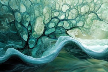 Fototapete - An abstract visualization of organic, interconnected structures flowing like water, depicted in soothing shades of teal and white.