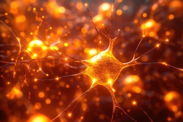 Aufkleber - Golden neuron cell, highlighted, in a bright orange background with blurred bokeh, signifying networks, neural activity, science and technology.