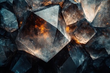 Aufkleber - A cluster of large, dark crystals with internal light reflecting on the shiny surface. The image is close-up and dramatic.