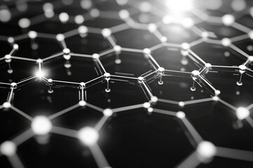 Poster - Hexagonal molecular structure with bright nodes and connecting lines, symbolizing science, technology, and advanced material design.