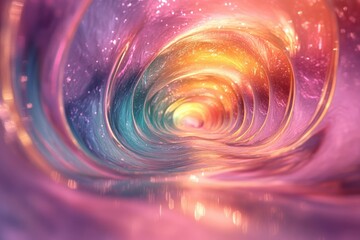 Poster - Abstract swirling tunnel with vibrant colors, shimmering particles and soft lighting reflecting on the surface.