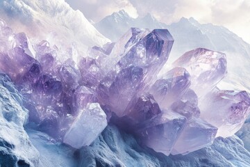 Leinwandbilder - Amethyst crystals cluster together on a frosty, mountain landscape, bathed in soft, ethereal light, creating a mystical and captivating scene.