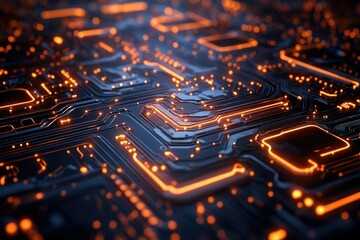 Poster - A detailed close-up of a futuristic circuit board with glowing orange pathways, showcasing intricate technology and connectivity.