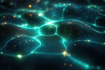 Aufkleber - Abstract dark digital landscape with glowing blue lines, golden particles, and subtle wave-like formations creating a futuristic or ethereal scene.