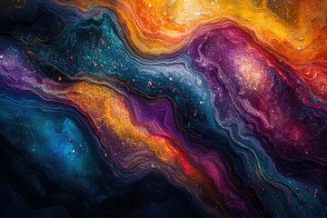 Poster - Abstract cosmic flow of swirling colors, shimmering textures, and celestial dust, resembling an intergalactic river.