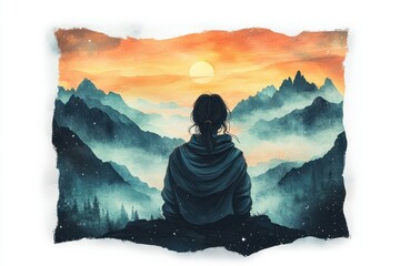 Poster - Stunning sunset view over the Dolomite mountains with a woman enjoying the breathtaking scenery during twilight