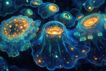 Poster - A mesmerizing collection of bioluminescent jellyfish, glowing with orange and green hues in a deep, dark aquatic environment.