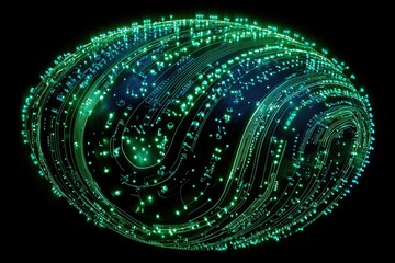 Poster - Abstract rendering of glowing circuit board, arranged in an elliptical, spherical pattern against a dark, neutral background.