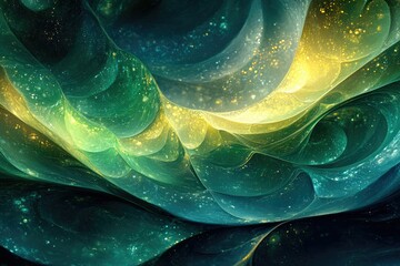 Poster - Abstract waves of teal, green, and yellow with sparkling particles evoke a mystical, flowing landscape.