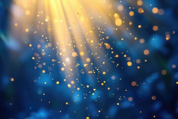 Aufkleber - Golden light rays beam through a blue, textured background, illuminating dust particles and creating a bokeh effect.