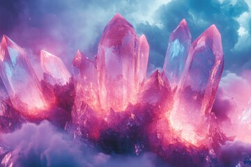Poster - Large pink crystals cluster together amidst swirling clouds, creating a magical and ethereal landscape.