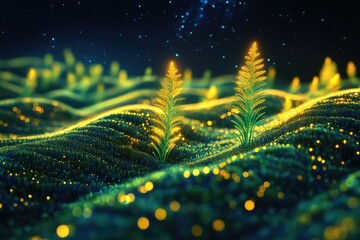 Poster - Abstract fields under a starlit sky with luminous plants and glowing dots creating a magical, otherworldly scenery.