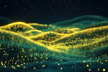Poster - Sparkling lights illuminate rolling, verdant hills under a dark, starry night sky. A serene, magical landscape.
