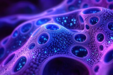 Fototapete - Abstract cellular structure with glowing blue particles inside craters, rendered in shades of purple and blue, creating a surreal atmosphere.