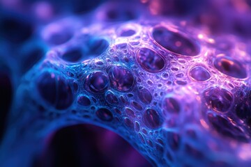Fototapete - An abstract macro image showcasing a network of interconnected cells with iridescent purple and blue hues, creating an ethereal, otherworldly effect.