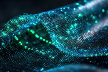 Poster - Glowing fiber optic fabric with a mesh texture, illuminated in blue and green light creates a futuristic vibe.