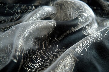 Fototapete - Elegant black fabric with intricate silver circuit board pattern, showcasing luxurious draping and metallic sheen.