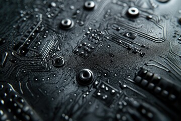 Fototapete - Macro view of a complex black motherboard surface with shiny, detailed circuitry and mounting points for electronic components.