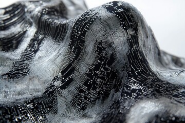 Aufkleber - Abstract circuit board pattern in silver and black on draped, textured fabric, creating a futuristic, tech-inspired aesthetic.