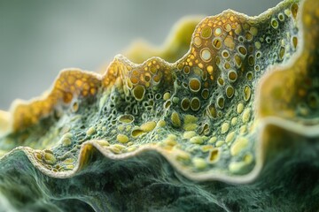 Poster - Extreme close-up reveals intricate surface textures and cellular structures of a plant or organic matter, featuring vibrant green and yellow hues.